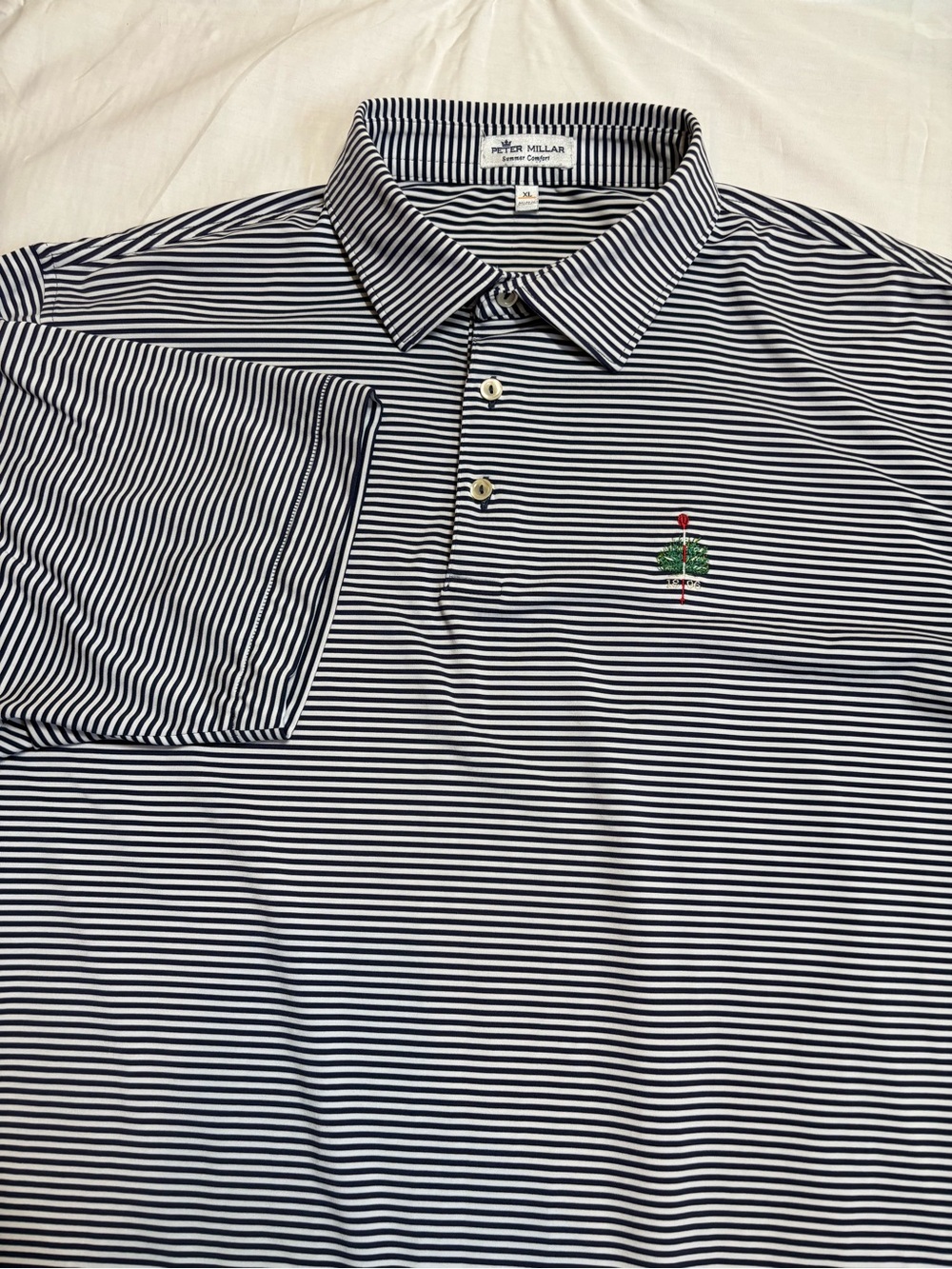 Peter Millar Navy and White Thin-Stripe Polo with Embroidered Crest